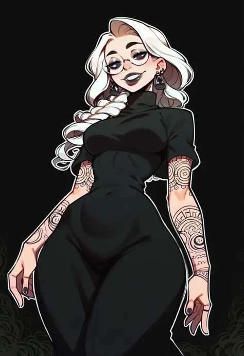 score_9, score_8_up, score_7_up, masterpiece, best quality, highly detailed, shading, Goth woman, perfect face, beautiful eyes, perfect eyes, beautiful face, dark lipstick, wearing glasses, happy, smiling, perfect white teeth, long curly white hair, side braid, medium breasts, ear piercings, wide hips, beautiful turtleneck dress, covered, long skirt, black boots, tattoos, hair accessories, deep black background, thick white outline surrounding just the character, character looking down at the viewer, <lora:IlyaKuvshinovXL:1>, <lora:Incase_PDXLV1:1>