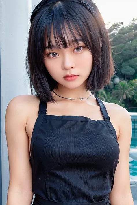 1girl,photo of igyuuno,face close up,(({black} maid apron,maid headdress)),earrings,best quality,(detailed face:1.4),(looking at viewer:1.4),shiny skin,naughty face,beautiful random scenery background,best wallpaper,(sun lighting:1.2),low angle,<lora:yuunoyuuno2:0.7>