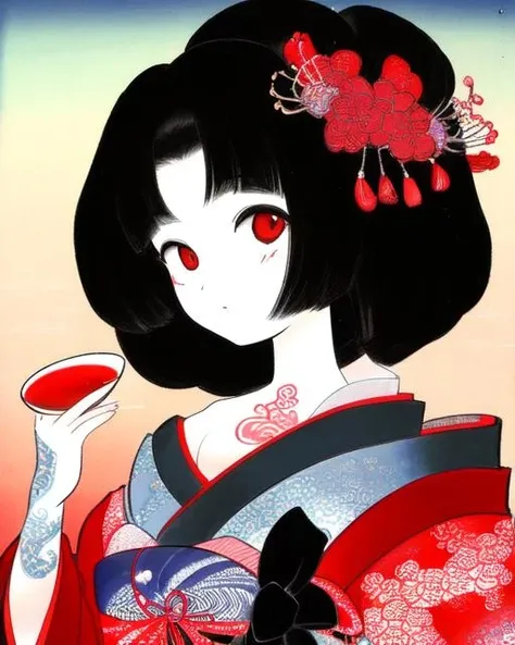 <lora:bijinga_style:0.7> , 1girl, solo, japanese clothes, gradient, traditional media, tattoo, ukiyo-e, oiran, bare_shoulders