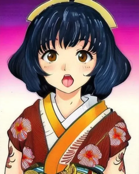 <lora:bijinga_style:0.7> , 1girl, solo, japanese clothes, open mouth, gradient, traditional media, tattoo