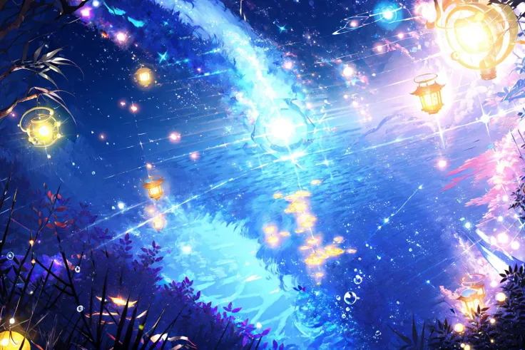 -halo, sky, scenery, star (sky), 1girl, night, outdoors, starry sky, glowing, water, sitting, night sky, torii, long hair, plant, lantern, bubble,coloured glaze,<lora:coloured glaze-000018:1>,