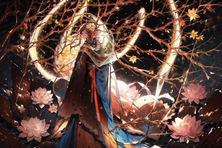 (masterpiece:1.2),best quality,PIXIV,coloured glaze,
1girl,flower,solo,hair ornament,shawl,hanfu,hair flower,looking at viewer,looking back,branch,chinese clothes,brown eyes,long hair,dress,holding,ribbon,brown hair,lotus,long sleeves,from behind,antlers,standing,
<lora:coloured glaze-000018:1>,