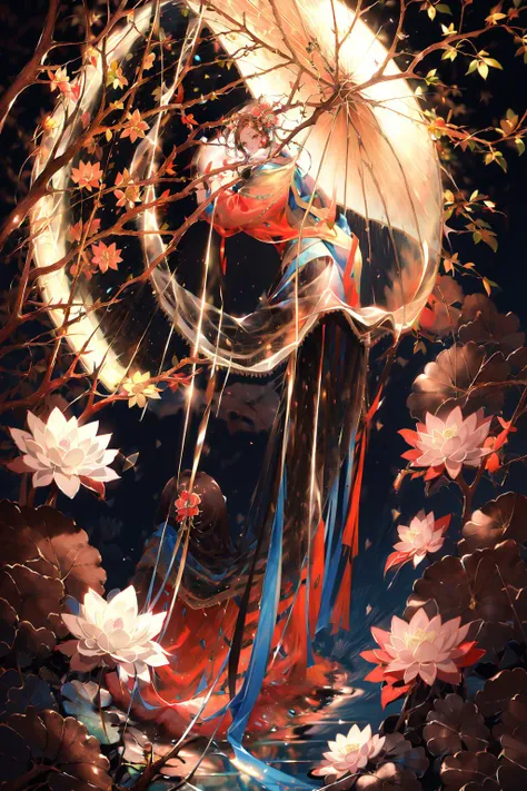 (masterpiece:1.2),best quality,PIXIV,coloured glaze,
1girl,flower,solo,hair ornament,shawl,hanfu,hair flower,looking at viewer,looking back,branch,chinese clothes,brown eyes,long hair,dress,holding,ribbon,brown hair,lotus,long sleeves,from behind,antlers,standing,umbrella,
<lora:coloured glaze-000018:1>,