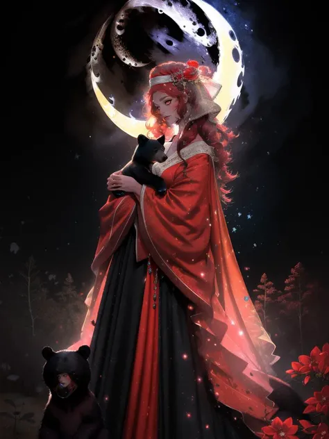cowboy shot,masterpiece,1girl,1bear,Chapel,
(The norwegian girl is holding a bear),
(black bear),out door,magnolia,night,Crescent Moon,
(22yo,very long hair,Dark red Hair,garnet eyes,wears Dark red robes,hun,red Fascinator,),
<lora:coloured glaze:1>,COLOURED GLAZE, 
<lora:wanxiangtexiao_V2:0.7>,jewelry,garnet,