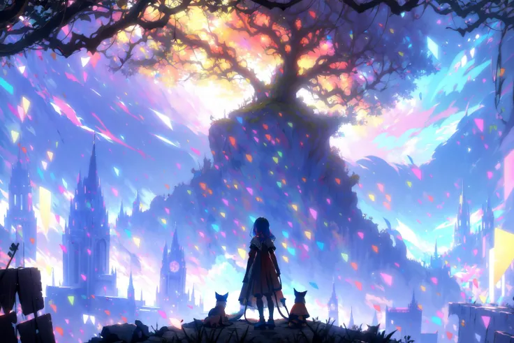 -1girl, tree, scenery, solo, outdoors, long hair, standing, cat, silhouette, fantasy, sky, colorful, from behind, dress,coloured glaze,<lora:coloured glaze-000018:1>,