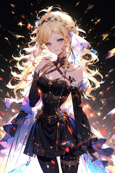 In an oil painting style, it's night at a jazz cafe. The sound of the piano resonates pleasantly, enveloping the venue in a warm atmosphere. A woman, dressed in a vibrant dress, plays energetically, lost in the passion of her performance. With a smiling face, she closes her eyes, surrendering to the music.(highest quality、masterpiece、High resolution、detailed)、animeスタイル、Flat Style、(eyes shining iridescent colors illuminated light,detailed美しい顔),  BREAK,extremely detailed、Dynamic Angle、anime