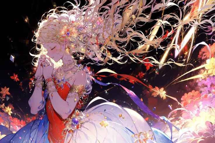 (masterpiece:1.2),best quality,PIXIV,coloured glaze,
1girl, long hair, solo, blonde hair, closed eyes, flower, jewelry, dress, praying, floating hair, hair ornament, bare shoulders, necklace, gem, own hands together, bracelet, armlet
<lora:coloured glaze-000018:1>,
