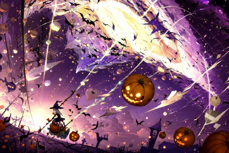 -jack-o'-lantern, witch hat, 1girl, halloween, scenery, hat, star (sky), sky, tree, ghost, pumpkin, starry sky, witch, solo, night, long hair, outdoors, broom, broom riding,coloured glaze,<lora:coloured glaze-000018:1>,