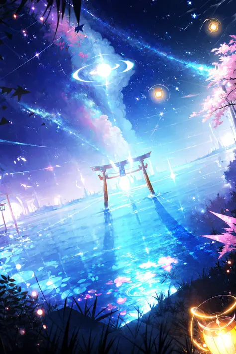 -halo, sky, scenery, star (sky), 1girl, night, outdoors, starry sky, glowing, water, sitting, night sky, torii, long hair, plant, lantern, bubble,coloured glaze,<lora:coloured glaze-000018:1>,