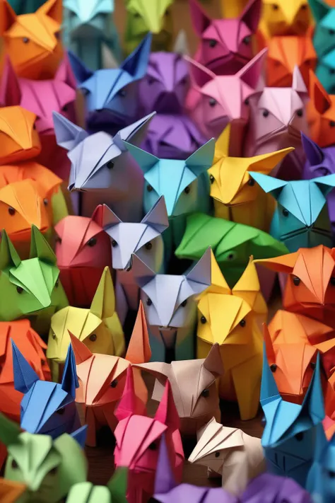 <lora:ORIGAMI:1>ORIGAMI - high resolution photorealistic, 32k, Close-up of rainbow-colored origami animals arranged in a pattern