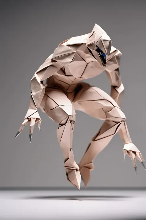 <lora:ORIGAMI:1>ORIGAMI - eautiful three point perspective film still of an aggressive Monster ,action pose, powerful, origami character study scene in merce cunningham, extreme closeup portrait in style of frontiers in miniature porcelain photography fashion architectural art studio seinen manga edition, holly herndon origami statue, pointe pose, tilt shift zaha hadid theatre background, soft lighting, kodak portra 4 0 0, 8 k, macro, cinematic style