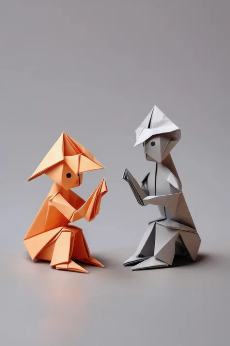 <lora:ORIGAMI:1>ORIGAMI - two origami-shaped little kids seated across from each other at a table on a light gray background