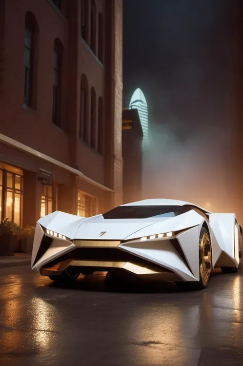 <lora:ORIGAMI:1> ORIGAMI , white and brass science fiction hovering industrial luxury car by a downtown hotel, science fiction, cinematic lighting, night time, volumetric light, imax, dslr, highly detailed, volumetric fog, dystopian vibes, dutch angle, cinematic angle