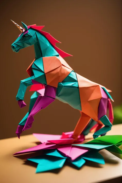 <lora:ORIGAMI:1>ORIGAMI - eautiful three point perspective film still of beautiful unicorn , colorful tail, origami character study scene in merce cunningham, extreme closeup portrait in style of frontiers in miniature porcelain photography fashion architectural art studio seinen manga edition, holly herndon origami statue, pointe pose, tilt shift zaha hadid theatre background, soft lighting, kodak portra 4 0 0, 8 k, macro, cinematic style