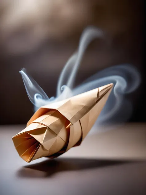 <lora:ORIGAMI:1> origami, a macro super closeup photo of a 50 caliber shell traveling through the air, mid flight, action shot, extreme detail. forced perspective, air distortion, sharp focus, smoke trail, slow motion shot, airborne, towards viewer