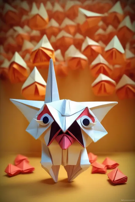 <lora:ORIGAMI:1>ORIGAMI - parasocial happiness complete delirious 3d vignetted 35mm origami