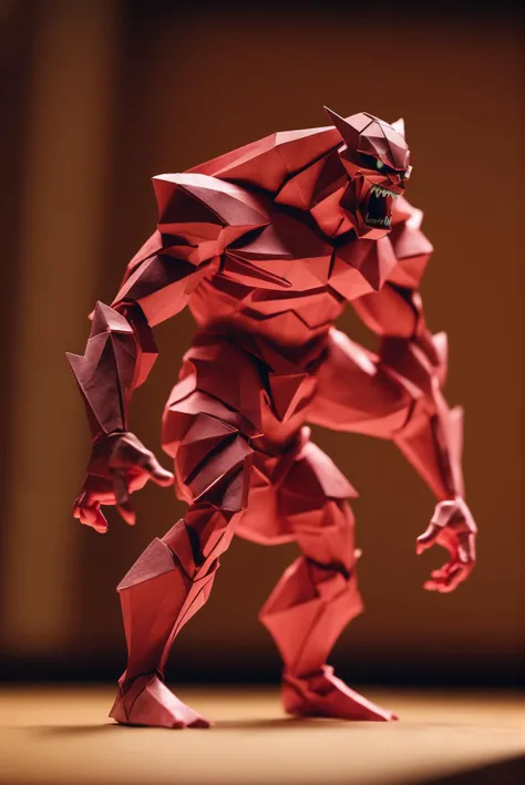 <lora:ORIGAMI:1>ORIGAMI - eautiful three point perspective film still of an aggressive Monster  , action pose, powerful, origami character study scene in merce cunningham, extreme closeup portrait in style of frontiers in miniature porcelain photography fashion architectural art studio seinen manga edition, holly herndon origami statue, pointe pose, tilt shift zaha hadid theatre background, soft lighting, kodak portra 4 0 0, 8 k, macro, cinematic style