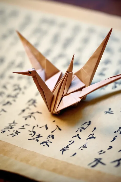 <lora:ORIGAMI:1>ORIGAMI - A delicate origami crane resting on an ancient Japanese manuscript