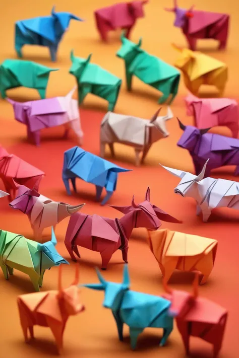 <lora:ORIGAMI:1>ORIGAMI - a picture made of origami. Tiny folded oxen on a colourful background.