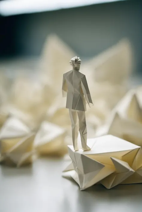 <lora:ORIGAMI:1>ORIGAMI - beautiful three-point perspective film still of a Man scene in Merce Cunningham, extreme closeup portrait in style of frontiers in miniature porcelain photography fashion architectural art studio seinen manga edition, holly herndon origami statue, super hd, clear pic,ultra sharp, pointe pose, tilt shift zaha hadid theatre background, soft lighting, kodak portra 4 0 0, 8 k, macro, cinematic style