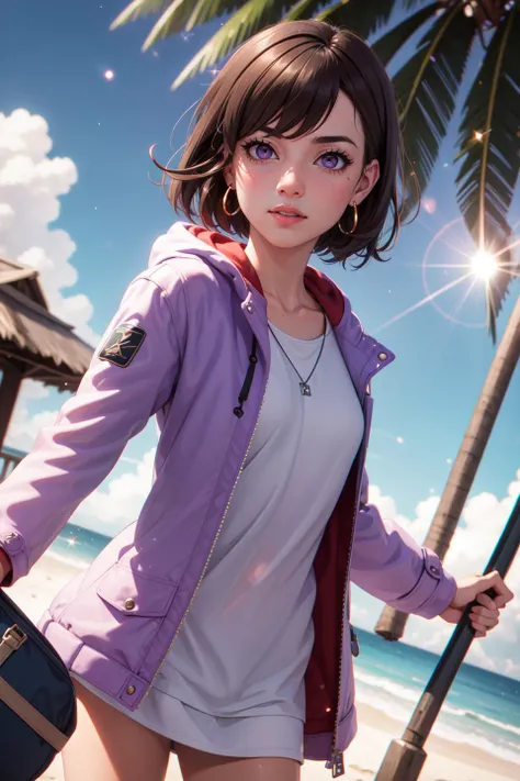 (realistic:1.2), (masterpiece, best quality, ultra-detailed), (beautiful detailed face, beautiful detailed eyes, volumetric lighting),
1girl, solo, (dutch angle:1.3),
(dark brown hair, purple eyes:1.4), small breasts, wedge cut hair,
(pink beachwear, brown duffel coat:1.2), hoop earrings,
mksks style, (beautiful detailed mossland, afternoon:1.2), (light particles, lens flare, chromatic aberration:1.3),