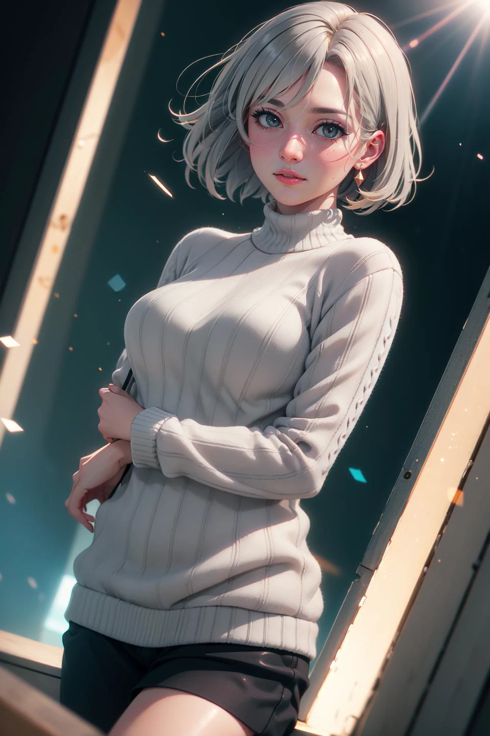 (realistic:1.2), (masterpiece, best quality, ultra-detailed), (beautiful detailed face, beautiful detailed eyes, volumetric lighting),
1girl, solo, (dutch angle:1.3),
(gray hair, peach eyes:1.4), large breasts, choppy bob hair,
(Sapphire casual wear, aquamarine sweater:1.2), hair ornament,
mksks style, (beautiful detailed mesa, noon:1.2), (light particles, lens flare, chromatic aberration:1.3),