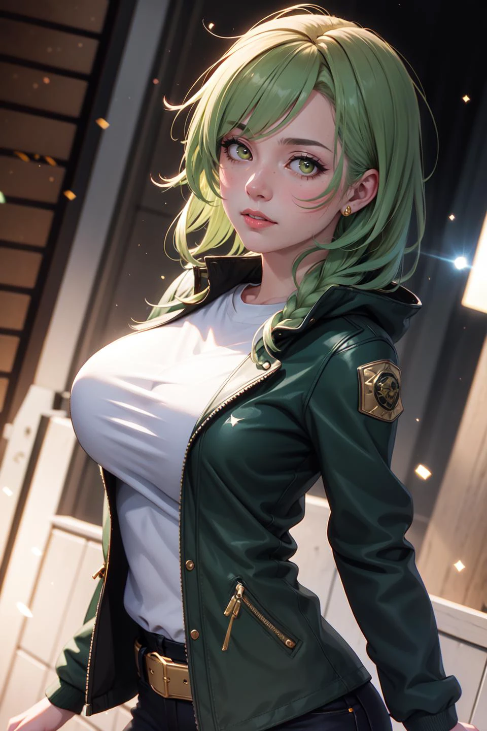 (realistic:1.2), (masterpiece, best quality, ultra-detailed), (beautiful detailed face, beautiful detailed eyes, volumetric lighting),
1girl, solo, (dutch angle:1.3),
(green hair, gold eyes:1.4), huge breasts, dutch braid hair,
(red organza, black safari jacket:1.2), hair ornament,
mksks style, (beautiful detailed bog, evening:1.2), (light particles, lens flare, chromatic aberration:1.3),