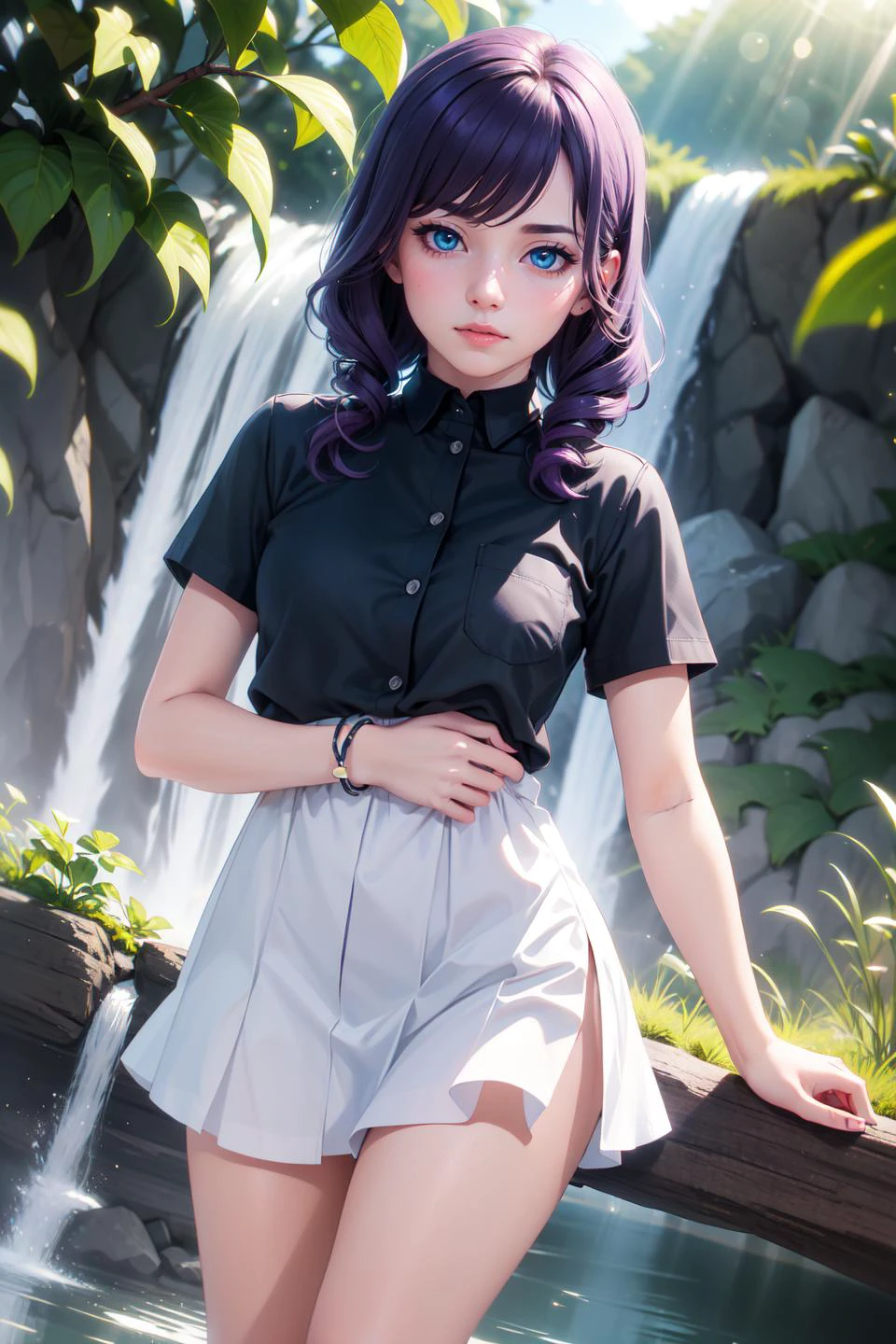 (realistic:1.2), (masterpiece, best quality, ultra-detailed), (beautiful detailed face, beautiful detailed eyes, volumetric lighting),
1girl, solo, cowboy shot, (dutch angle:1.2),
twin drills hair, purple hair, (aquamarine eyes:1.1), flat chest,
beautiful, black tailored, aquamarine shirt,
mksks style, (beautiful waterfall at afternoon:1.2), (lens flare, chromatic aberration:1.3),
