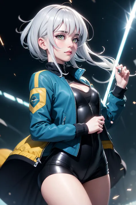 (realistic:1.2), (masterpiece, best quality, ultra-detailed), (beautiful detailed face, beautiful detailed eyes, volumetric lighting),
1girl, solo, (dutch angle:1.3),
(silver hair, amber eyes:1.4), small breasts, quiff hair,
(jade outerwear, blue cropped jacket (bolero):1.2), mask,
mksks style, (beautiful detailed ravine, twightlight:1.2), (light particles, lens flare, chromatic aberration:1.3),