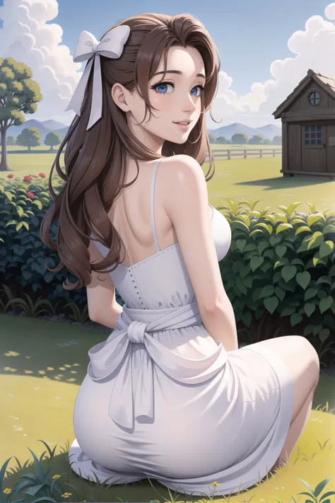 masterpiece, ((best quality)), ((highly detailed)),((detailed eyes, deep eyes)), (1girl:1.4), ((from behind tight ass tiny waist:1.2)),full body, aerith gainsborough, hair bow, white sundress, sitting, side view, looking at viewer, smile, garden, small house, grass, sky <lora:aerith-nvwls-v1-000010:0.9> ((fit female)),    <lora:Lgirl-v6_500steps:-1>   <lora:ClothesInMouth:0.8>clothes in mouth, lifting clothes with mouth,