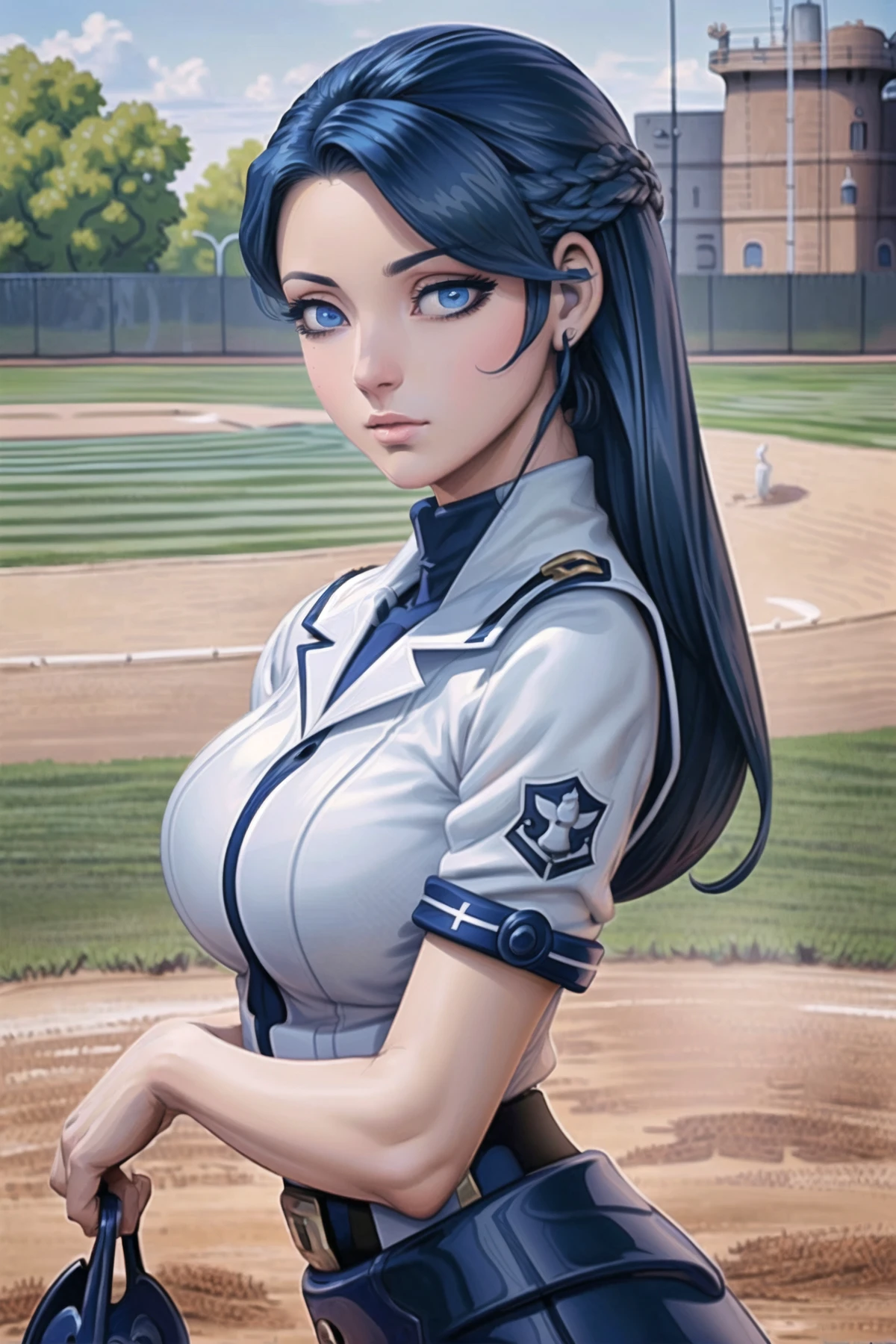 masterpiece, ((best quality)), ((highly detailed)),((detailed eyes, deep eyes:1.6)), (1girl:1.4), ((big breasts tiny waist:1.6)), ((cecile crommy)), (expressionless, cowboy shot:1.4), code geass, geass, ((navy blue hair:1.5)), blue eyes, (:1.4), mksks style, beautiful background,outdoors,baseball field, art germ style, <lora:artgerm-v1.5-nai:0.7> <lora:Code Geass - Cecile Croomy V2 @ cecile crommy:0.8> <lora:Lgirl-v6_500steps:-4>