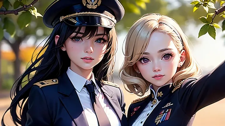an awarded profesional photography of 1girl b1ll1331ll1sh , beautiful pink eyes,) dutch fishtail braid wavy hair dark red with headband with arm warmers British Women's Royal Naval Service (Wrens) Uniform: Navy blue, jacket and skirt, white blouse, black necktie, navy cap, insignia with facial expresion enthusiastic,she make one arm behind her back Bird on shoulder in a in an orchard , in autumn by William Klein Twilight Lighting,(epic scene:1.3),ultradetialed character with perfect face,detailed skin,(ultrasharp:1.3),(masterpiece:1.1),best quality AS-YoungV2,(photorealistic:1.2),ultrarealistic,realistic ultradetailed character,4k perfect quality,Cowboy shot<lyco:GoodHands-beta2:1>Magnificent,Imperceptible detail,Intricately designed, (perfect quality face:1.5)