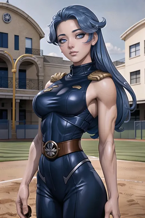 masterpiece, ((best quality)), ((highly detailed)),((detailed eyes, deep eyes:1.6)), (1girl:1.4), ((big breasts tiny waist:1.6)), ((cecile crommy)), (expressionless, cowboy shot:1.4), code geass, geass, ((navy blue hair:1.5)), blue eyes, (Lingerie Style: Lace lingerie set, garter belt, stockings, high-heeled pumps:1.4), mksks style, beautiful background,outdoors,baseball field, art germ style,muscular,abs, <lora:artgerm-v1.5-nai:0.7> <lora:Code Geass - Cecile Croomy V2 @ cecile crommy:0.8> <lora:Lgirl-v6_500steps:-4> <lora:fitgirl_4:0.7>