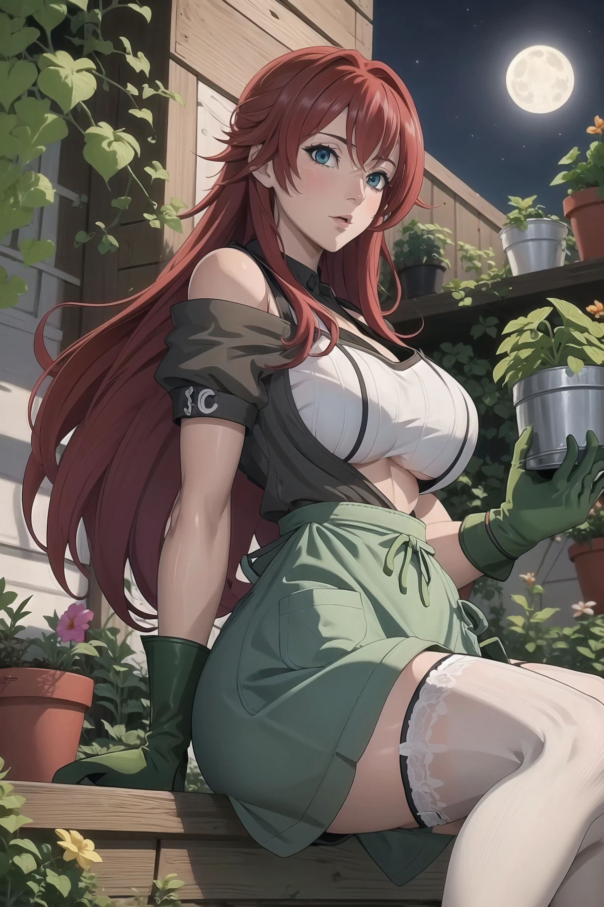 masterpiece, ((best quality)), ((highly detailed)),((detailed eyes, deep eyes)), ((1girl:1.2,solo:1.2)), ((big breasts:1.4)), pikkyriasgremory, thighhighs, ahoge, long hair, solo, red hair, navel, blue eyes, night, rias gremory, ((((underboob))))), ((green gardening apron over casual clothes, holding potted plant, gardening gloves::1.3)), sky, looking at viewer, shirt, ass visible through thighs, large breasts, moon, from below, night sky, full moon,very long hair, outdoors, thighs, off shoulder, hair between eyes, off-shoulder shirt, garter straps, star (sky), blush, bangs, short sleeves, starry sky, building, crossed bangs, arms behind back <lora:RiasLora:0.8> <lora:Lgirl-v6_500steps:-4> <lora:fitgirl_4:0.6>