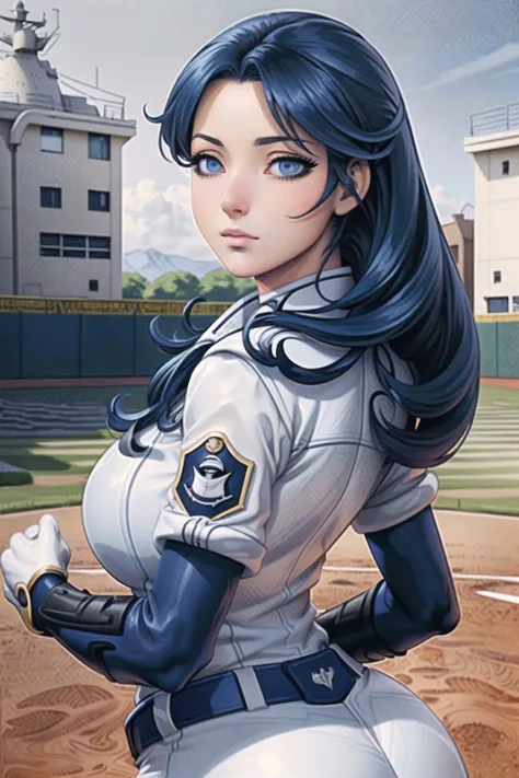 masterpiece, ((best quality)), ((highly detailed)),((detailed eyes, deep eyes:1.6)), (1girl:1.4), ((big breasts tiny waist:1.6)), ((cecile crommy)), (expressionless, cowboy shot:1.4), code geass, geass, ((navy blue hair:1.5)), blue eyes, (:1.4), mksks style, beautiful background,outdoors,baseball field, art germ style, <lora:artgerm-v1.5-nai:0.7> <lora:Code Geass - Cecile Croomy V2 @ cecile crommy:0.8> <lora:Lgirl-v6_500steps:-4>