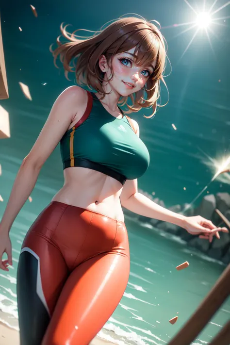 (realistic:1.2), (masterpiece, best quality, ultra-detailed), (beautiful detailed face, beautiful detailed eyes, volumetric lighting),
1girl, solo, (dutch angle:1.3), 
(light brown hair, coral eyes:1.4), large breasts, hair flaps hair, 
(red leggings, teal crop top:1.2), surgical mask,
mksks style, (beautiful detailed creek, noon:1.2), (light particles, lens flare, chromatic aberration:1.3),