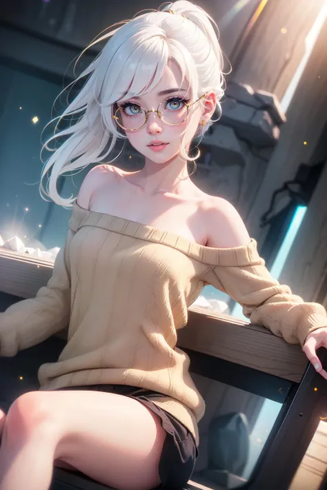 (realistic:1.2), (masterpiece, best quality, ultra-detailed), (beautiful detailed face, beautiful detailed eyes, volumetric lighting),
1girl, solo, (dutch angle:1.3),
(white hair, gold eyes:1.4), flat chest, ponytail hair,
(dark brown sweater, yellow tube top:1.2), glasses,
mksks style, (beautiful detailed rock, morning:1.2), (light particles, lens flare, chromatic aberration:1.3),