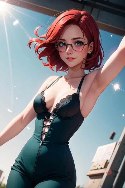 (realistic:1.2), (masterpiece, best quality, ultra-detailed), (beautiful detailed face, beautiful detailed eyes, volumetric lighting),
1girl, solo, (dutch angle:1.3),
(red hair, grey eyes:1.4), small breasts, perm hair,
(aquamarine jumpsuit, teal bustier:1.2), monocle,
mksks style, (beautiful detailed hill, noon:1.2), (light particles, lens flare, chromatic aberration:1.3),