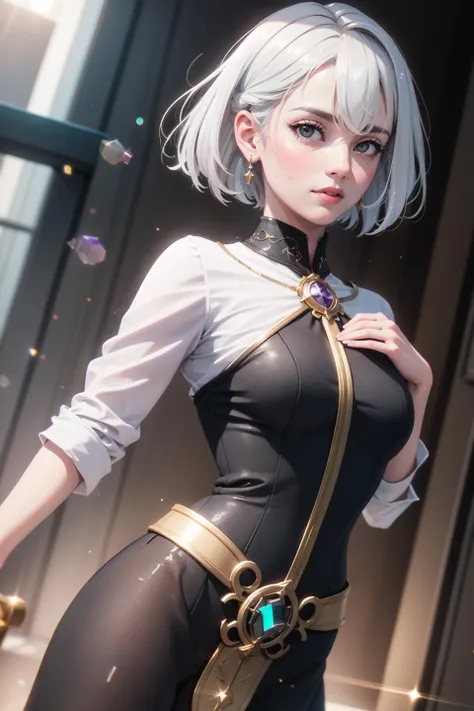 (realistic:1.2), (masterpiece, best quality, ultra-detailed), (beautiful detailed face, beautiful detailed eyes, volumetric lighting),
1girl, solo, (dutch angle:1.3),
(white hair, grey eyes:1.4), small breasts, choppy bob hair,
(amethyst luxury fashion, gold tabard:1.2), plague doctor mask,
mksks style, (beautiful detailed stream, morning:1.2), (light particles, lens flare, chromatic aberration:1.3),