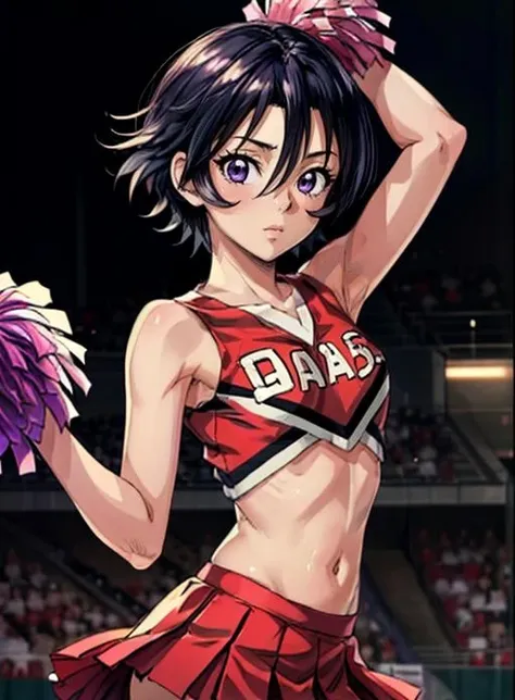 best quality, (masterpiece),(ultra-detailed), (high quality), (high resolution),<lora:add_detail:0.7> ,   <lora:Suzuna:0.7>,suzuna taki, short hair, purple eyes, cheerleader