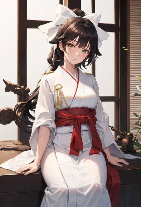 best quality, masterpiece, highres, solo, {takao_azurlane:0.90}, {white kimono:1.35}, {red hakama:1.35}, {wide sleeves:1.20}
