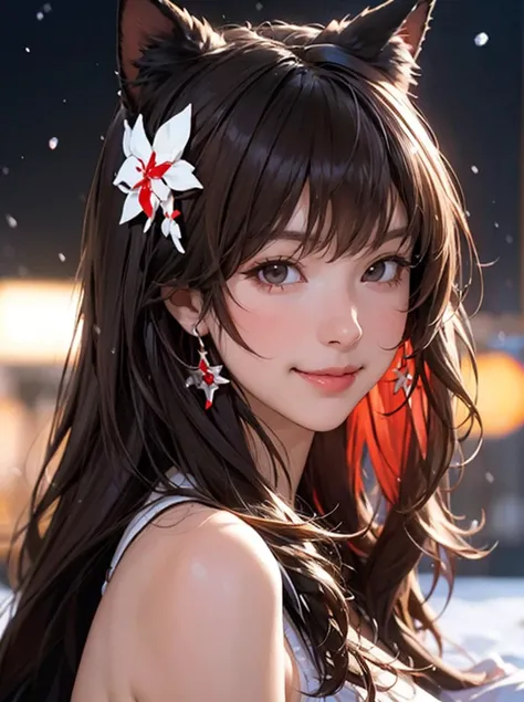 fantasy anime, , depth of field, Masterpiece, intricate, hyper detailed, , bokeh, high resolution, sharp detail, best quality,
, depth of field, 1girl, brown hair, (red:0.82) colored inner hair red, , looking at viewer,
hair ornament, , dynamic pose, , , , earrings, , neon in station, snow, night, smirk, bare shoulder,
 <lora:takao_azurlane:0.6> takao_azurlane, animal ears, waist