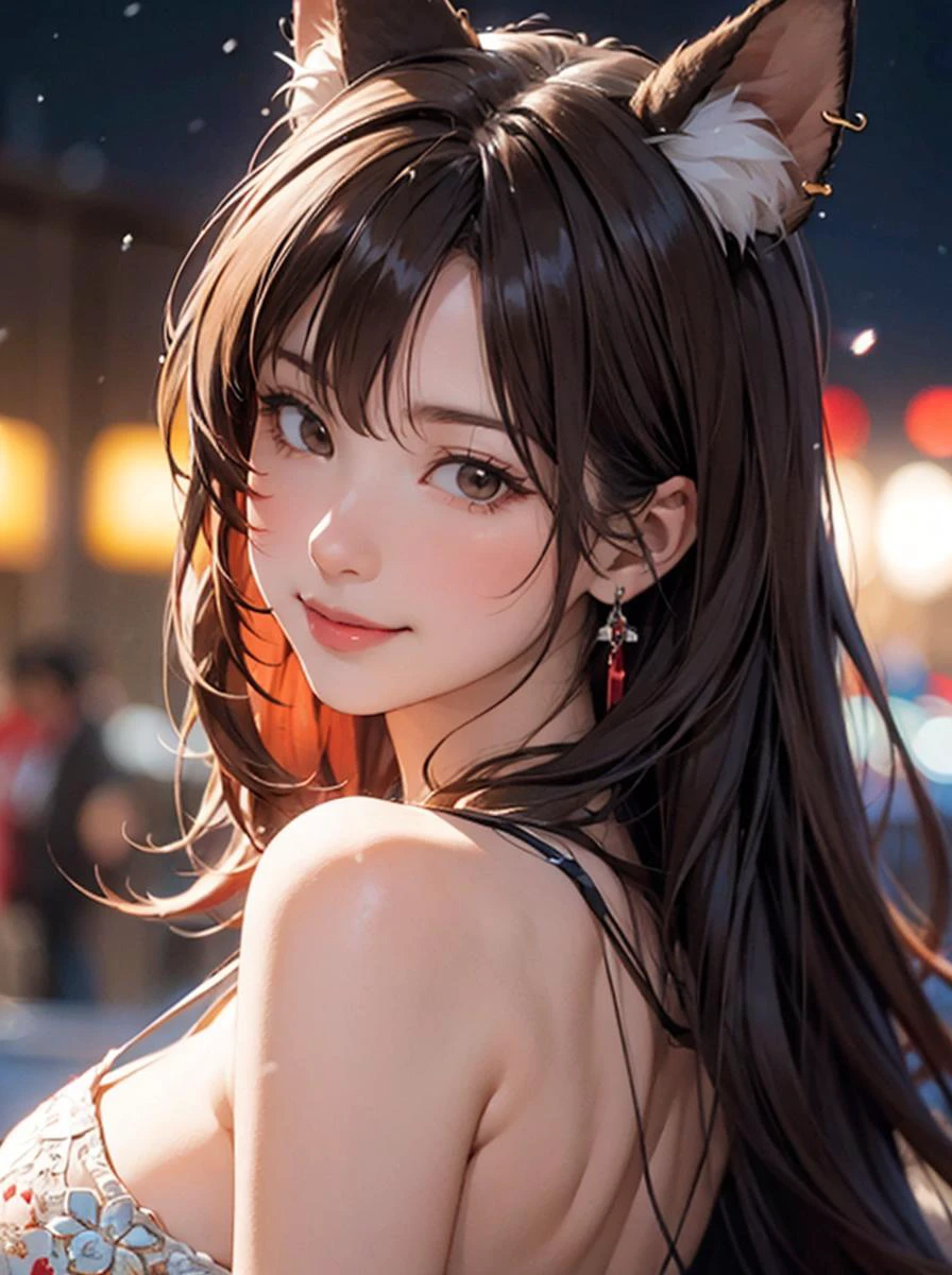 fantasy anime, , depth of field, Masterpiece, intricate, hyper detailed, , bokeh, high resolution, sharp detail, best quality,
, depth of field, 1girl, brown hair, (red:0.82) colored inner hair red, , looking at viewer,
hair ornament, , dynamic pose, , , , earrings, , neon in station, snow, night, smirk, bare shoulder,
<lora:takao_azurlane:0.6> takao_azurlane, animal ears, waist