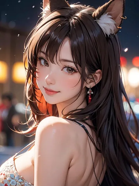 fantasy anime, , depth of field, Masterpiece, intricate, hyper detailed, , bokeh, high resolution, sharp detail, best quality,
, depth of field, 1girl, brown hair, (red:0.82) colored inner hair red, , looking at viewer,
hair ornament, , dynamic pose, , , , earrings, , neon in station, snow, night, smirk, bare shoulder,
 <lora:takao_azurlane:0.6> takao_azurlane, animal ears, waist