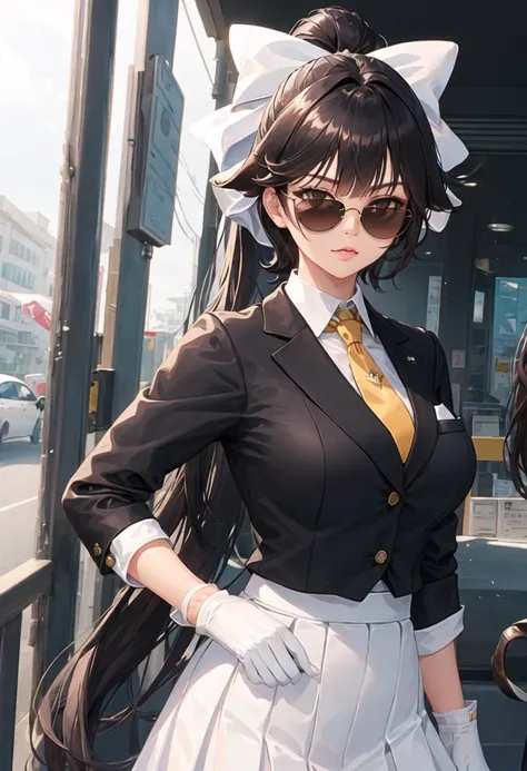 best quality, masterpiece, highres, solo, {takao_azurlane:0.90}, {black business suit:1.40}, {tie:1.20}, {sunglasses:1.25}, {white gloves:1.15}, {white shirt:1.10}, {black skirt:1.15}, {smoking:1.20}, handsome