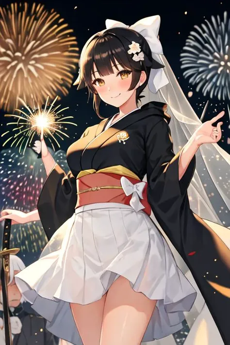 best quality, masterpiece, highres, solo, {takao_azurlane:1.15}, long_hair, black_hair, ponytail, bow, hair_bow, white_bow, breasts, bangs, large_breasts, brown_eyes, hair_flaps, blush, very_long_hair, yellow_eyes, military, 1girl, bridal_veil, bride, japanese_clothes, kimono, uchikake, veil, smile, wataboushi, wedding_dress, fireworks, hood, looking_at_viewer, white_background