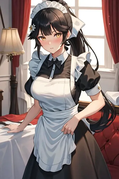 best quality, masterpiece, highres, solo, {maid:1.40}, {long maid dress:1.15}, {takao_azurlane:1.15}, long_hair, black_hair, ponytail, bow, hair_bow, white_bow, breasts, bangs, large_breasts, brown_eyes, hair_flaps, blush, very_long_hair, yellow_eyes, military