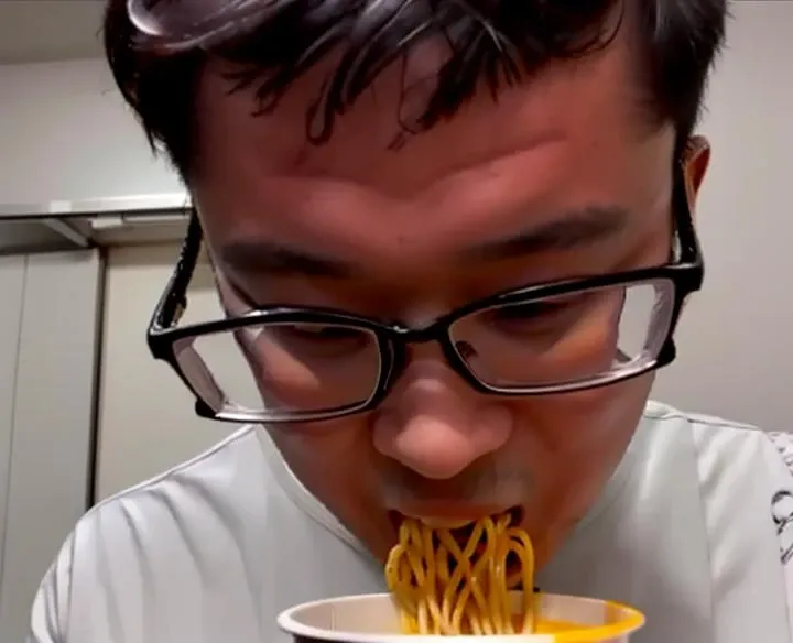 best quality, SKSmoguraSyamu, a man wearing glasses ,eating a ramen, looking at viewer, wide angle
, <lora:SKSmoguraSyamu-000025:0.8>