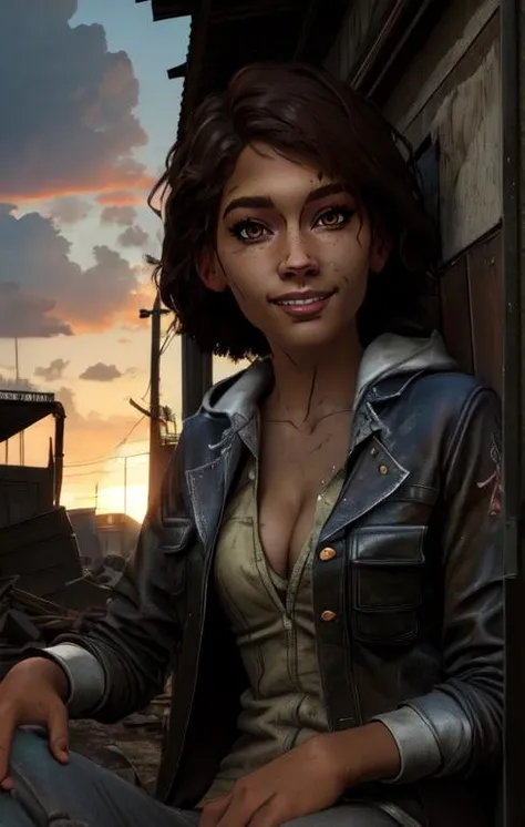 Clementine, brown hair, brown eyes, medium hair,
dirty clothes, open jacket, white shirt, cleavage,
upper body, smile, sitting,
cloudy, dusk, junkyard,
(insanely detailed, beautiful detailed face,beautiful detailed eyes, masterpiece, best quality),
<lora:Clementine:0.8>