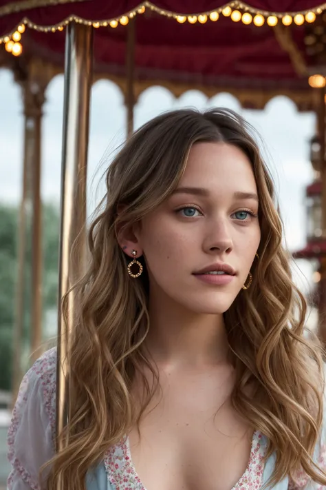 a detailed photo of a cute woman, fenn_victoria as a Housekeeper, Luminary, Short, in shape, Diamond-Shaped Face, Tan Skin, Blonde Hair, ice blue Eyes, Long Nose, Thin Lips, Round Chin, Long Hair, Fine Hair, Long Curly Hair, full breasts, Stud earrings, rose, matte lipstick, one hand on hip, legs akimbo, in a carousel, full dynamic color, freezing, (8k, 85mm, DOF, RAW photo, highest quality, best quality, masterpiece, ultra-detailed, hires, absurdres), (photorealistic, hyper-realistic:1.2),<lora:epiNoiseoffset_v2Pynoise:1.0>